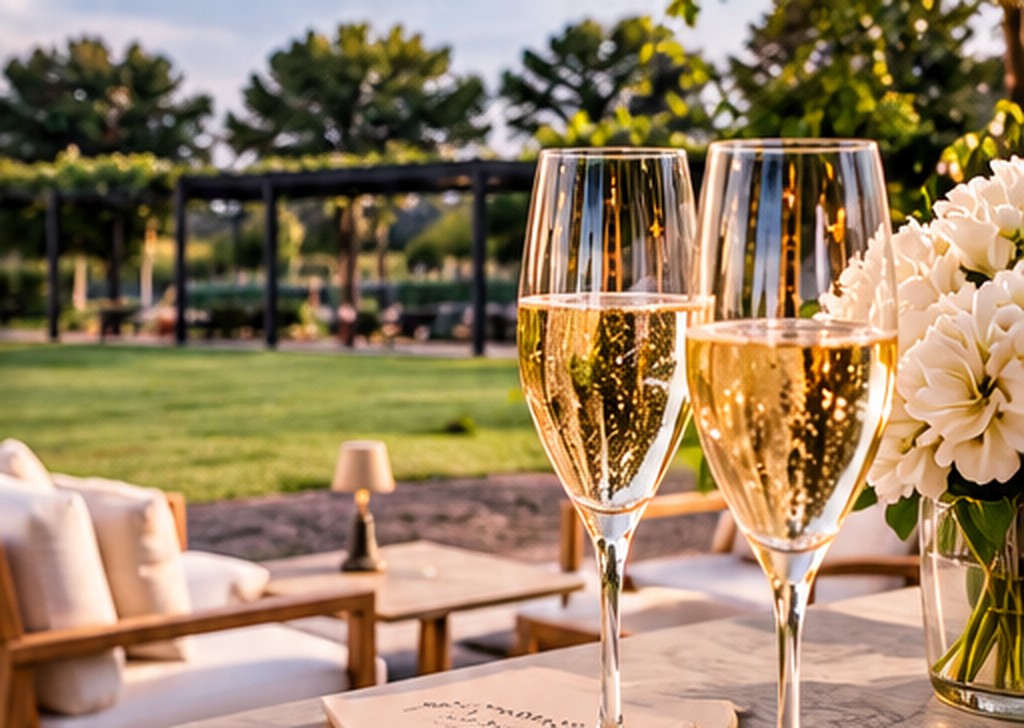 Two glasses of sparkling wine beside white flowers on a sunlit terrace with lounge seating and pergolas behind